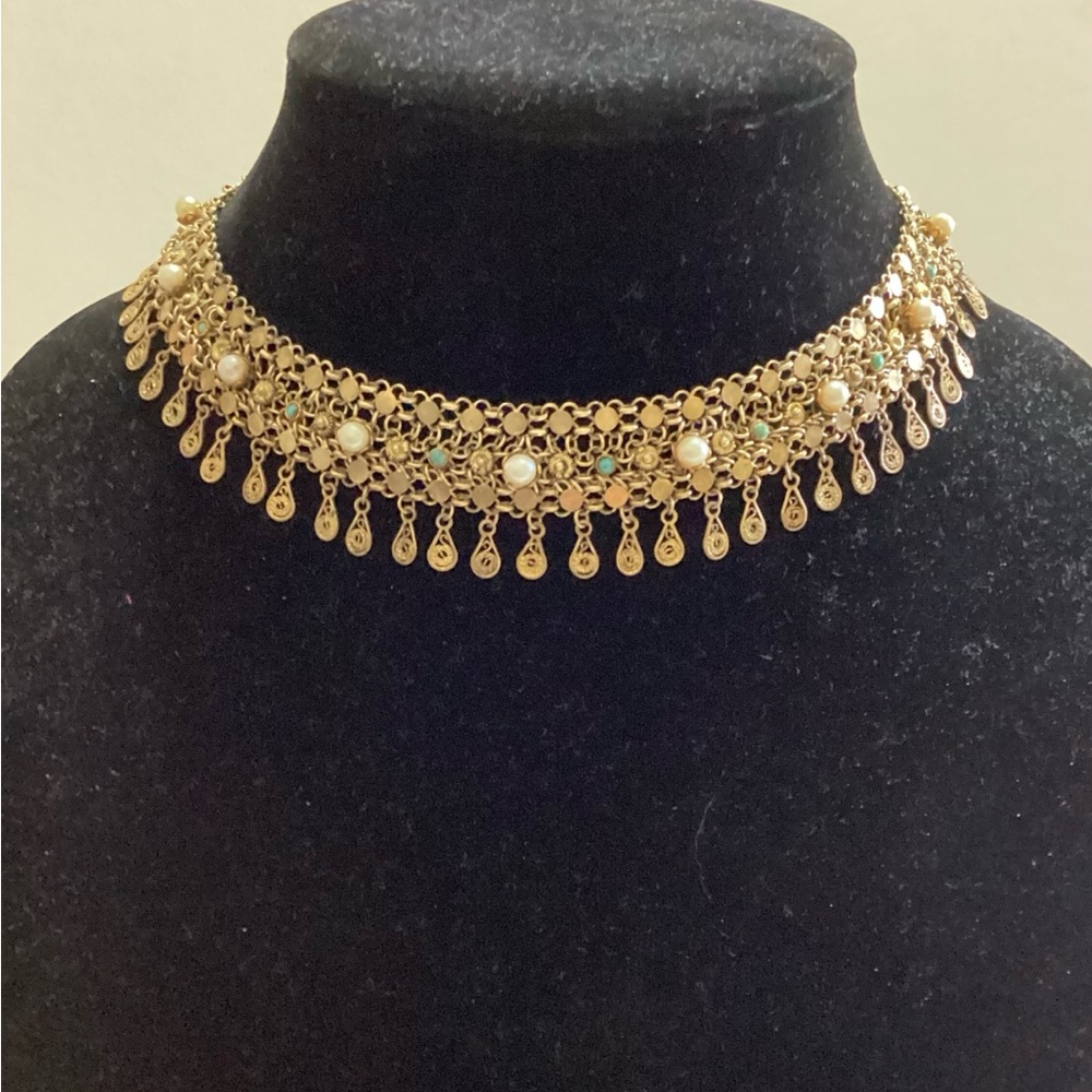 Gold Filigree Pearl Choker Necklace with Turquoise Accents